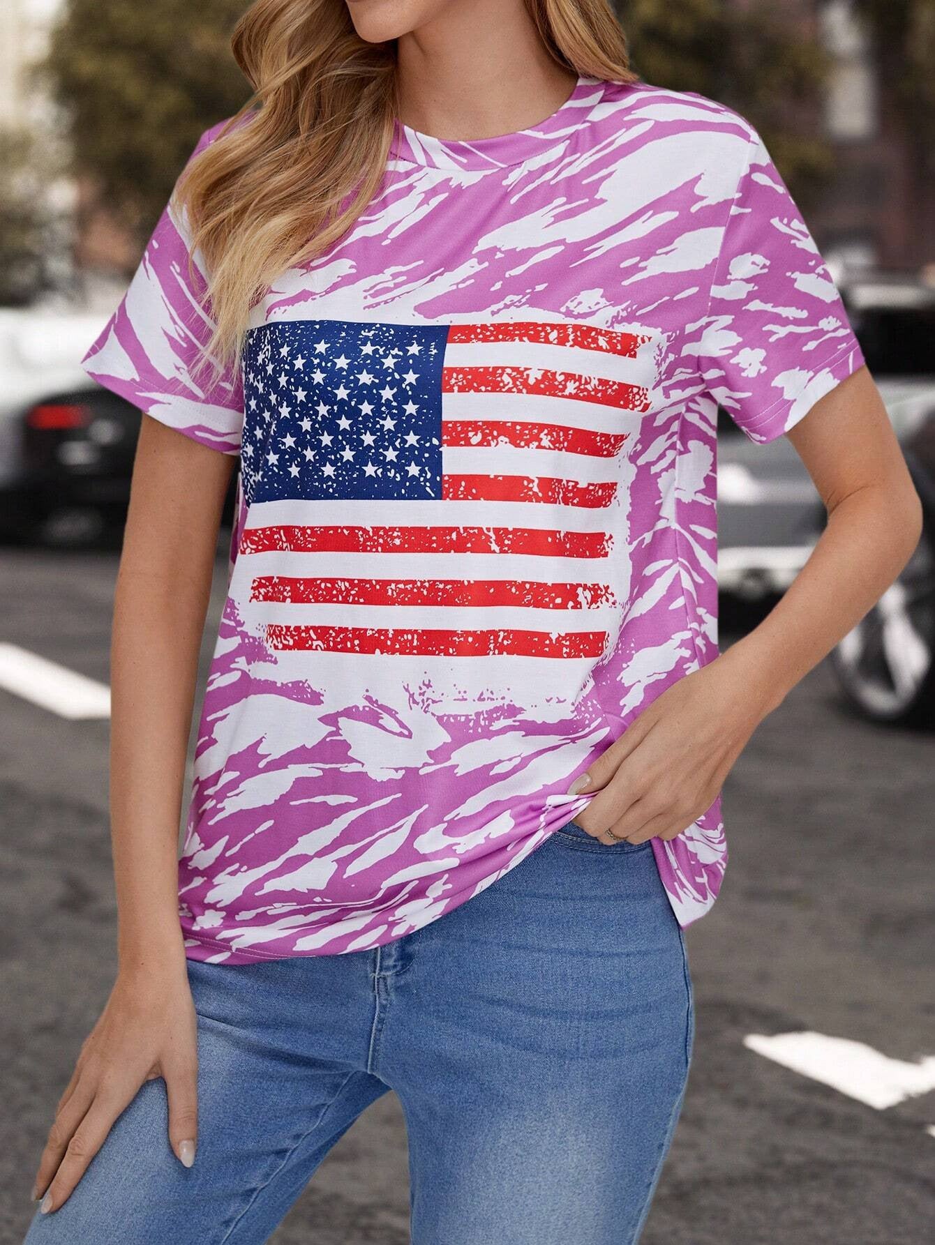 Flag Print T-shirt Crew Neck Casual - Chic Angle